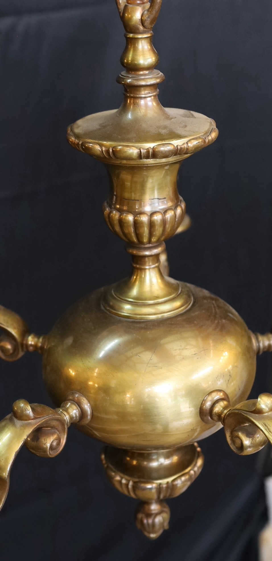 A 1930's English bronzed five light chandelier, height 48cm. width 50cm.